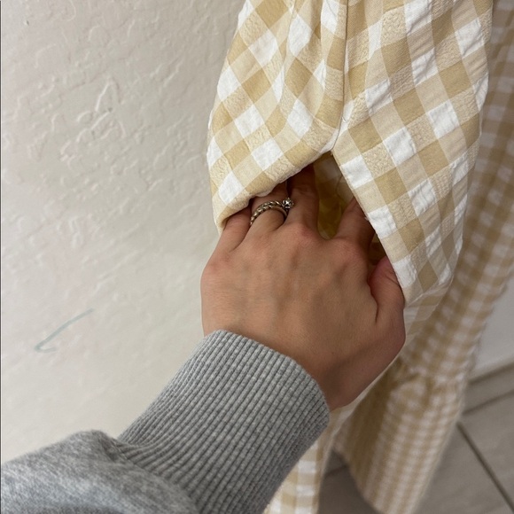 Ruffle Plaid Gingham Long Dress Shirred Stretchy Strap Flowy Retro Dress Beige - Picture 7 of 7